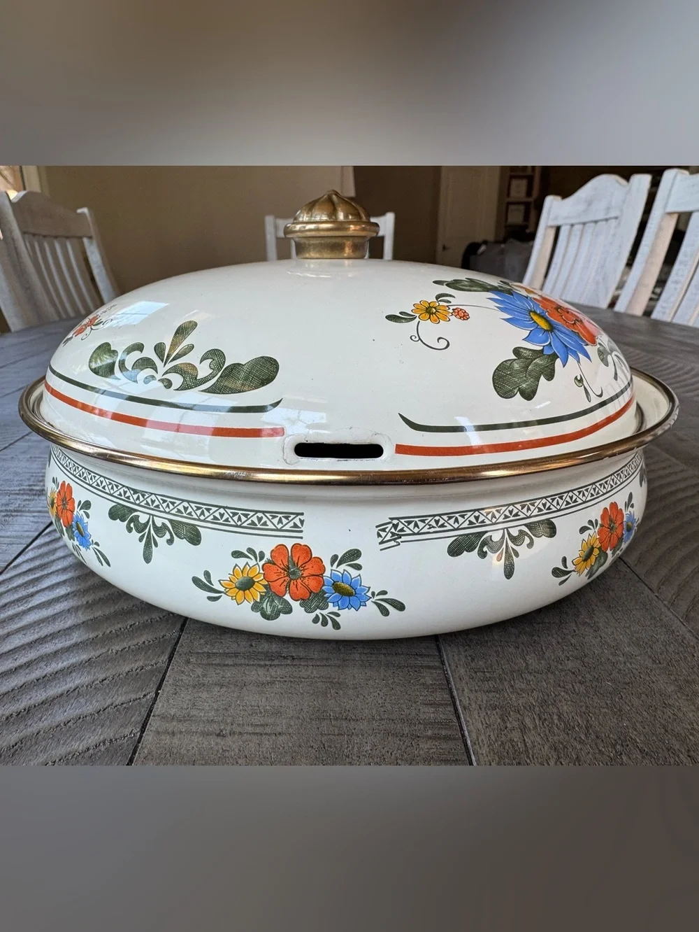 Vintage Villeroy & Boch Floral Farmhouse Enamel Covered Skillet W/Brass Handle